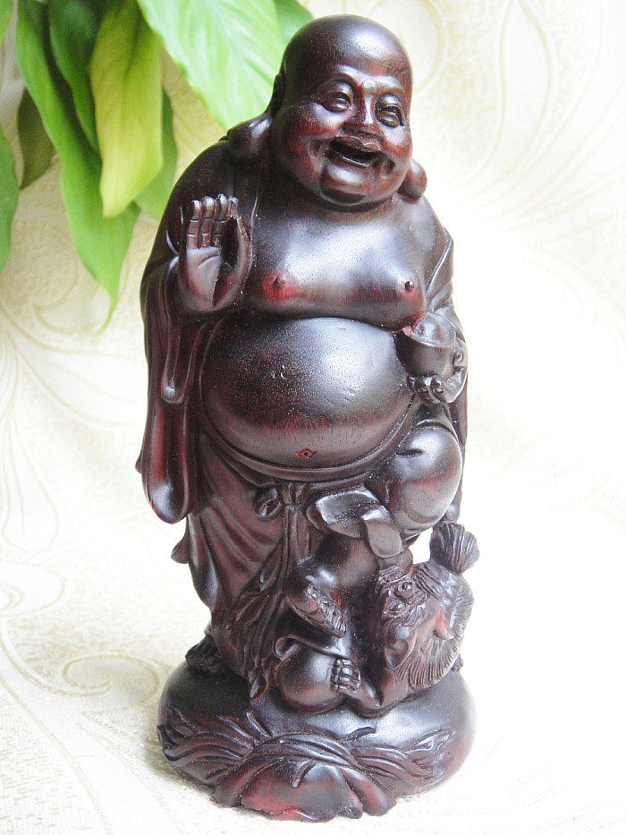 印度小叶紫檀木工艺品弥勒佛雕件 笑狮罗汉佛像艺术品和尚摆件
