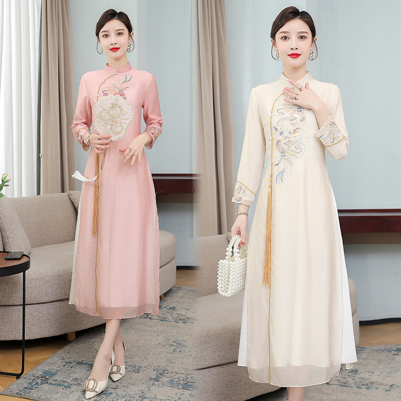 中国风汉服改良旗袍连衣裙女2022春秋新款高腰显瘦粉色茶艺师服饰