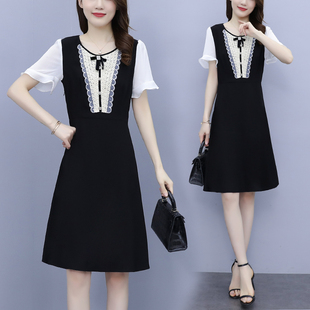 连衣裙2021夏季 遮肉中长款 新款 口大码 黑色裙子女 荷叶边袖 雪纺短袖