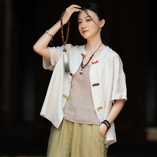 亚麻太极服女短袖上衣 盘扣时尚太极拳练功服晨练服武术服T恤