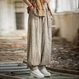 春秋苎麻太极裤女 复古做旧太极服装扎染时尚练功裤武术裤晨练裤