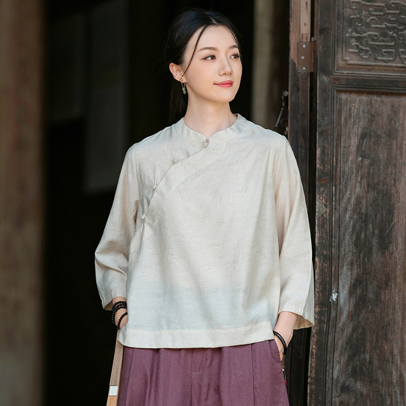 棉麻太极服女七分袖提花上衣图片