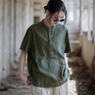 夏太极服女短袖棉麻上衣 薄款扎染太极拳服装武术服晨练服T恤
