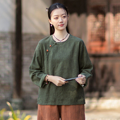 2026新款 复古苎麻太极拳练功服斜襟武术服T恤 棉麻太极服女上衣