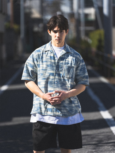 CITYDIVE 蓝色印花灯芯绒免烫硬挺夏威夷aloha短袖衬衫古巴领