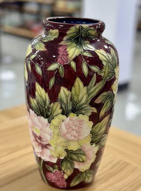 出口陶瓷花瓶中红牡丹花手绘玄关摆件