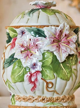 欧式百合富贵竹陶瓷密封罐饼干罐茶叶罐储物罐饰品结婚礼物