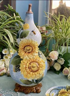 陶瓷向日葵葫芦福禄花瓶蒸蒸日上中式家居摆件新古典客厅玄关装饰