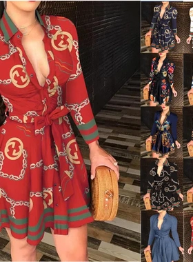 爆款  热卖长袖V领绑带时尚性感印花连衣裙女