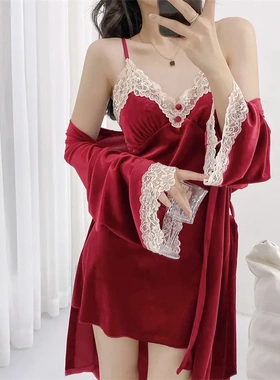 性感睡衣女款秋冬新款金丝绒情调纯欲吊带睡裙睡袍套装带胸垫