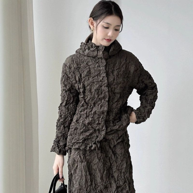 新款保暖棉衣棉服女冬装高级感手工褶皱单排扣连帽夹棉外套女士