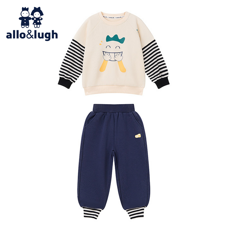 阿路和如男童卫衣2025秋冬新儿童男宝宝条纹拼接套头上衣套装裤子