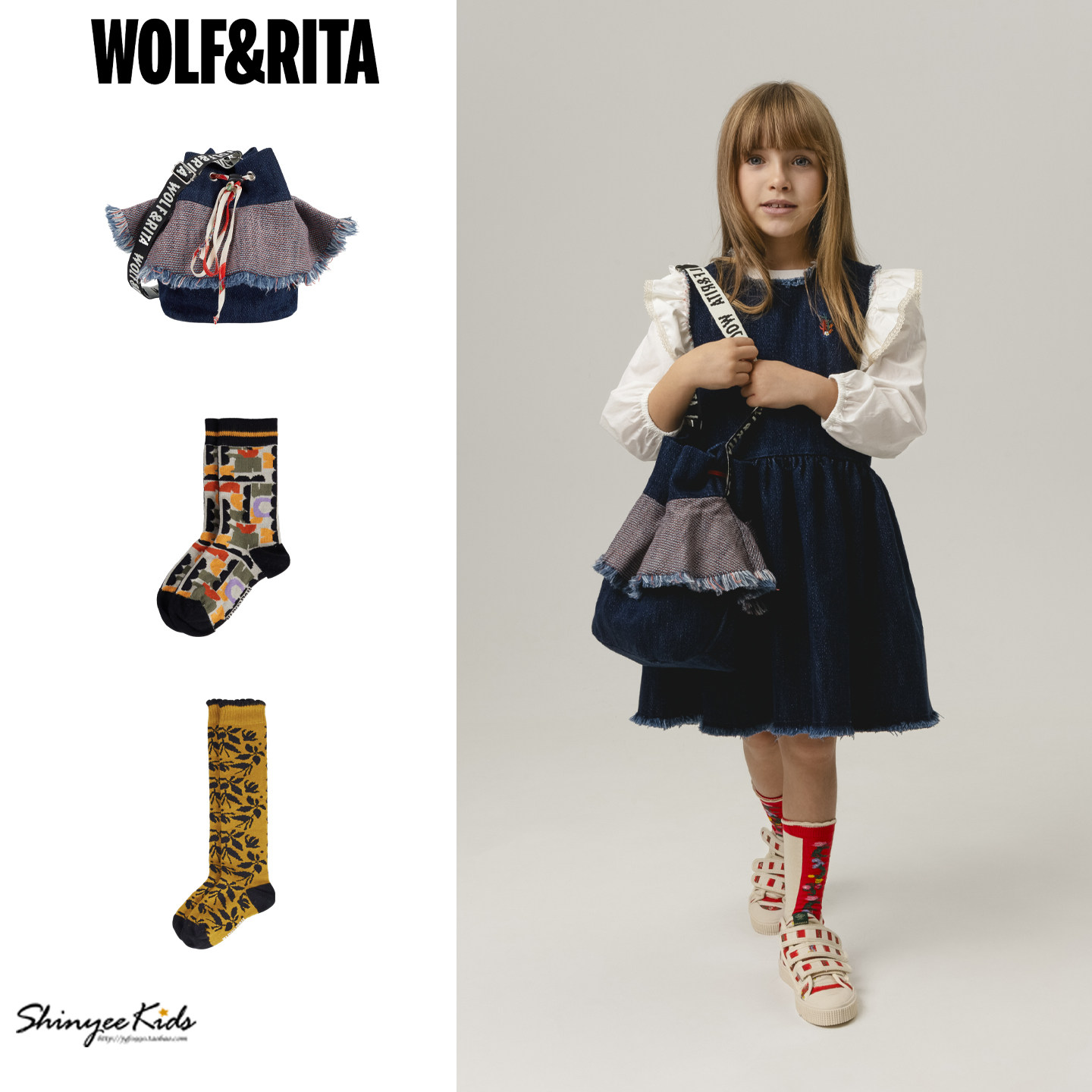 5ZShinyee▲wolf rita aw25秋冬新款便捷牛仔包包儿童袜子