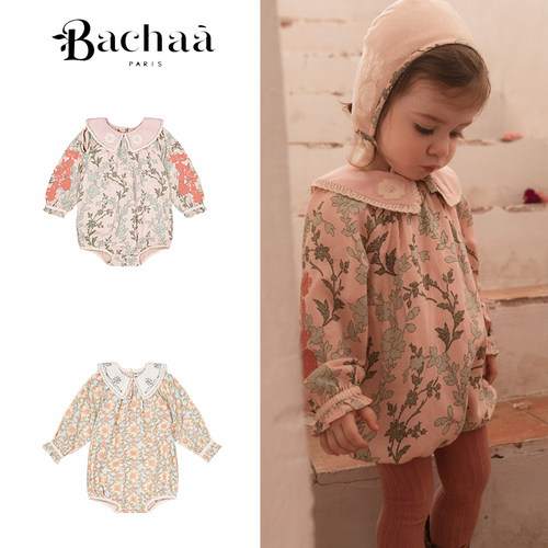 Shinyee▲bachaa aw26法式印花婴儿包屁衣长袖翻领刺绣哈衣连体衣