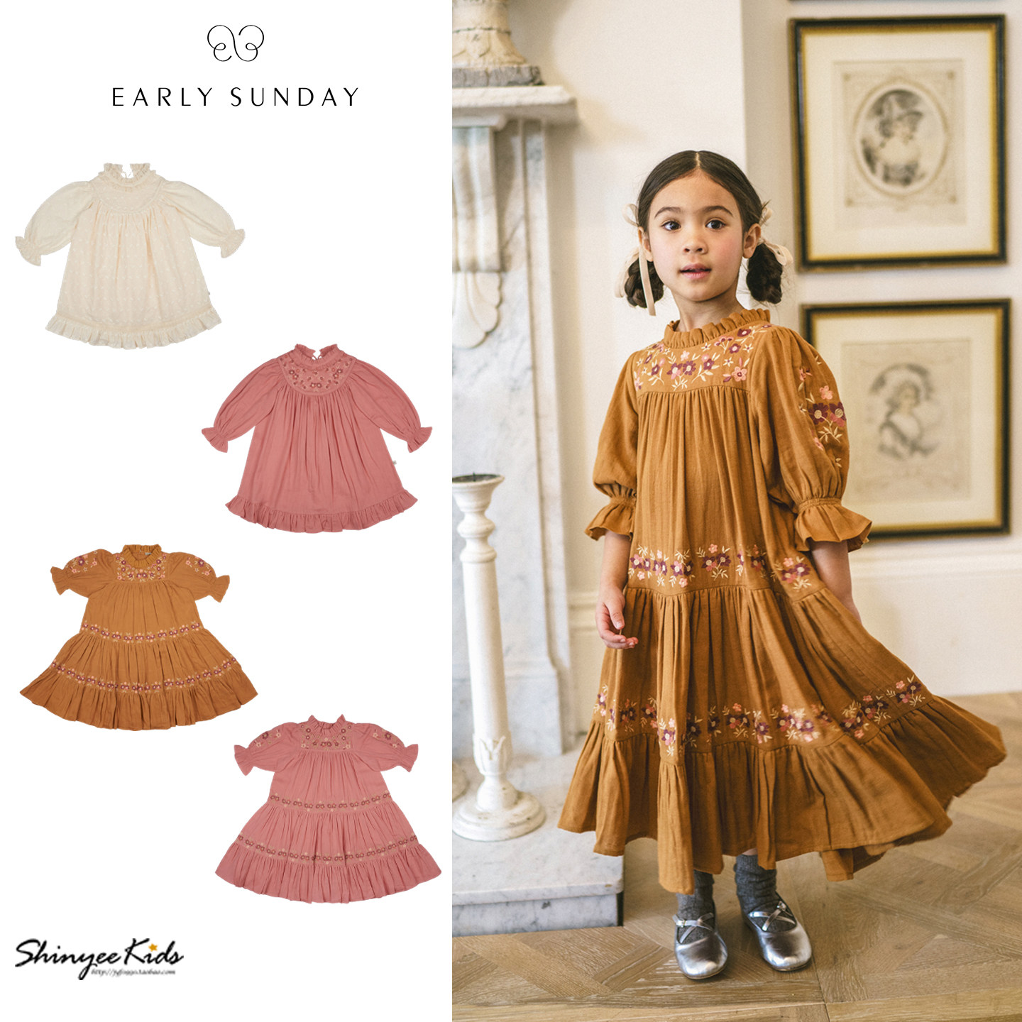 6ZShinyee▲early sunday aw25秋冬女童刺绣花朵甜美连衣裙长裙