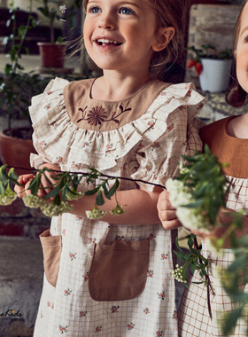 5折 韩国pour春夏女童棕色刺绣花纹圆领连衣裙碎花格纹裙子