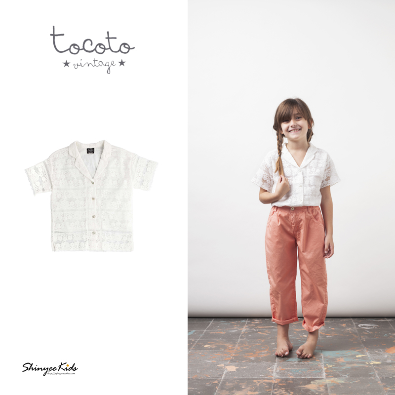 3折清仓 西班牙tocoto 春夏女童白色蕾丝短袖衬衫 翻领开衫外套