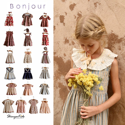 Shinyee▲bonjour ss26春夏女童法式印花连衣裙刺绣打揽吊带裙
