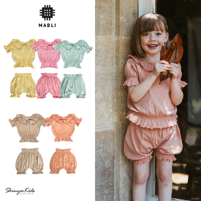 5ZShinyee▲mabli ss25春夏儿童纯色花边领短袖T恤纯棉灯笼裤短裤