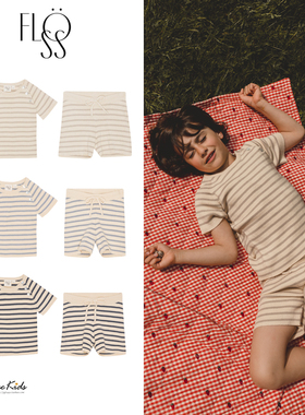 Shinyee▲floess ss23春夏有机棉儿童短袖条纹针织T恤短裤套装