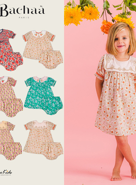 Shinyee▲bachaa ss23春夏儿童法式印花刺绣连衣裙衬衫短裤套装