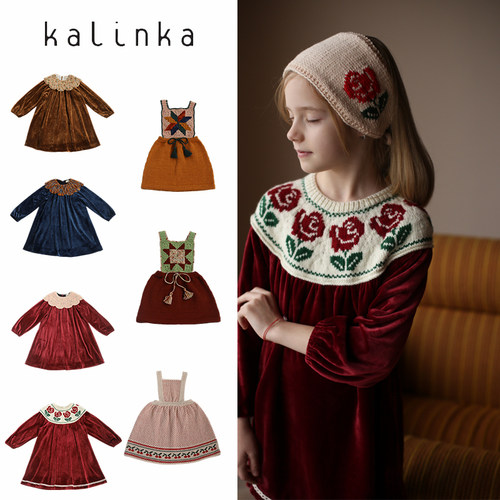 9ZShinyee▲Kalinka aw26复古丝绒连衣裙玫瑰花针织背带裙公主裙