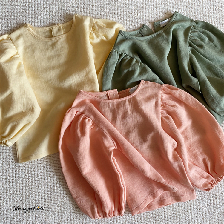 韩国pour春夏新款女童糖果色圆领泡泡袖甜美衬衫上衣34 童装/婴儿装/亲子装 衬衫 原图主图