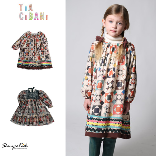 5ZShinyee▲tia cibani aw25秋冬女童复古印花长袖连衣裙