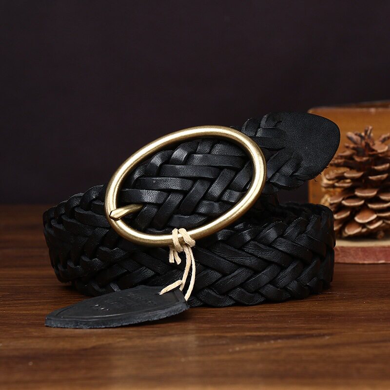 复古水洗真皮铜扣手工编织皮带女头层牛皮百搭个性时尚牛仔腰带女