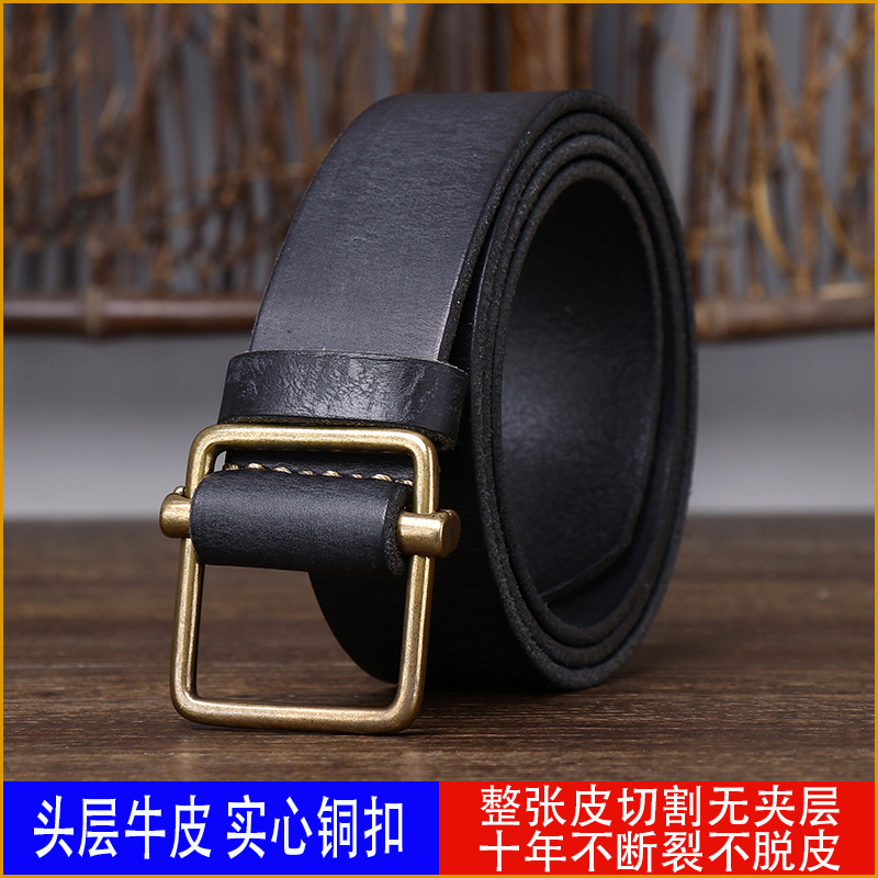 刺影男光面头层牛皮纯铜休闲腰带