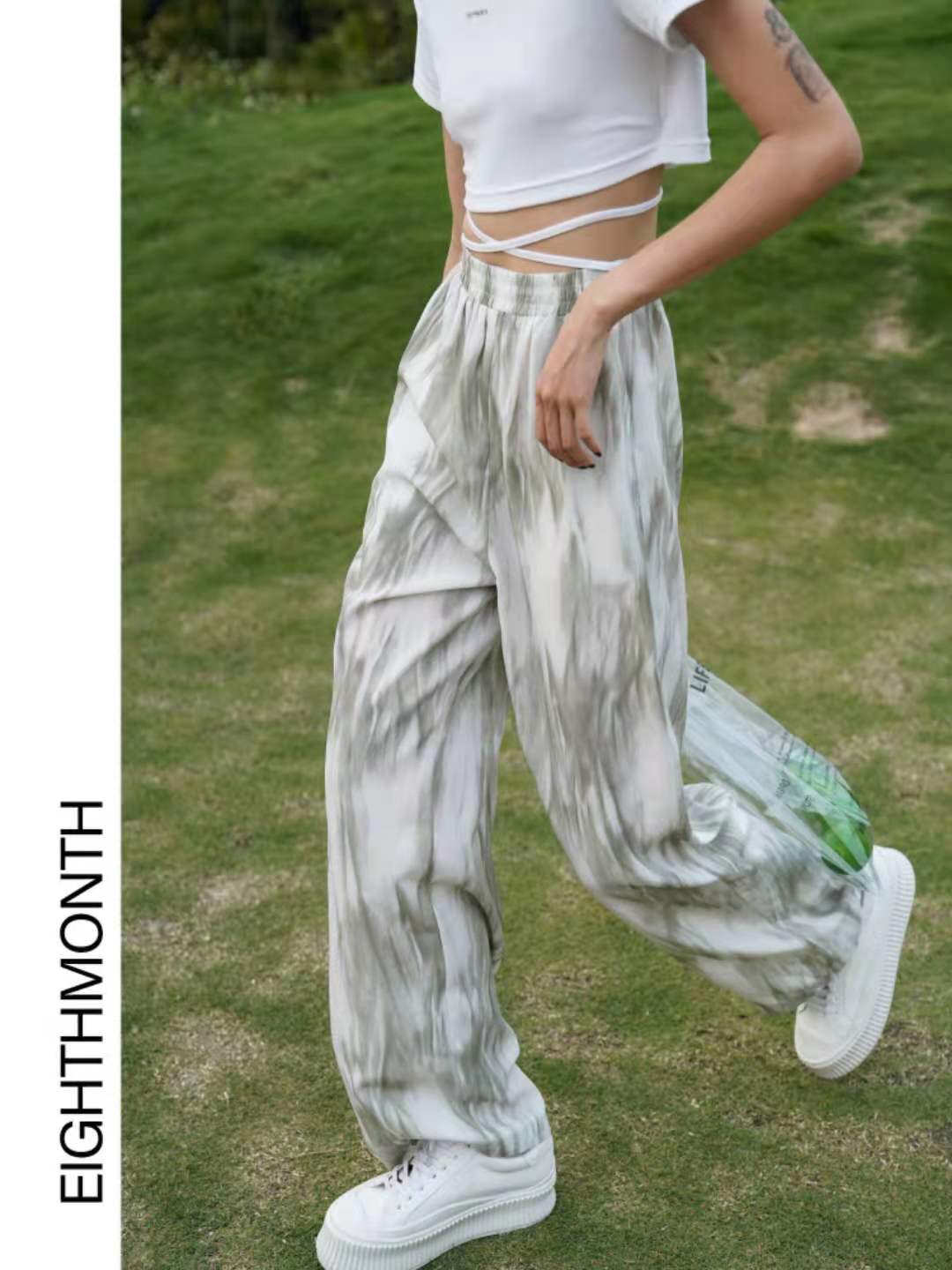 Green gradient tie dyed casual pants women's summer 2021 new loose straight high waist drop wide leg pants
