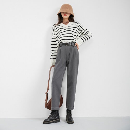 Real shooting of new pear shaped figure in autumn and winter, thin wool casual pants, thickened straight pants, high waist women's pants