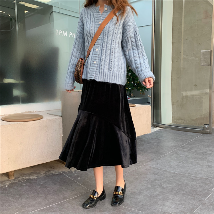 9808 real shot golden velvet skirt women autumn winter black high waist A-line hip umbrella skirt medium length fishtail skirt