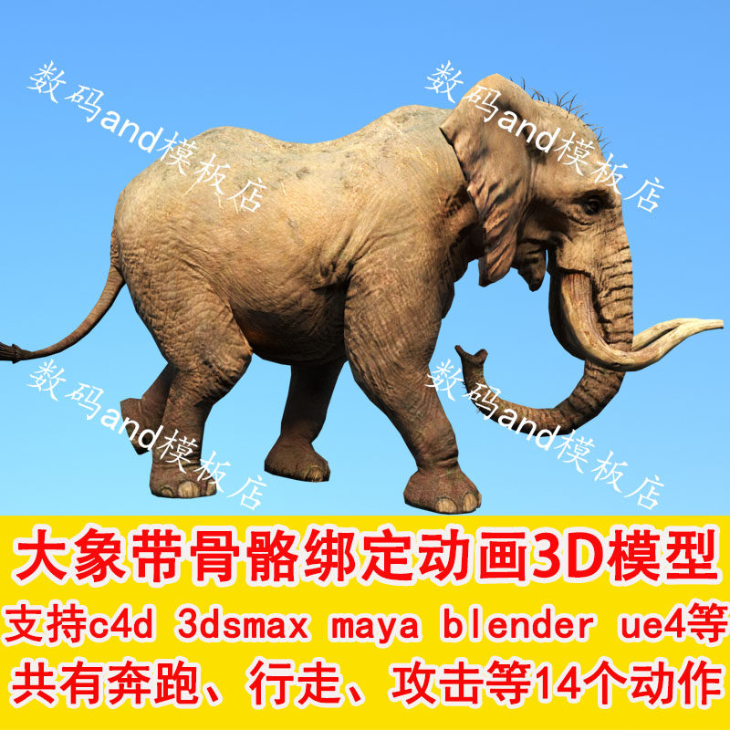 大象骨骼绑定动画动物模型3d素材objfbxblender,c4d,虚幻,ue4大象怎么看?