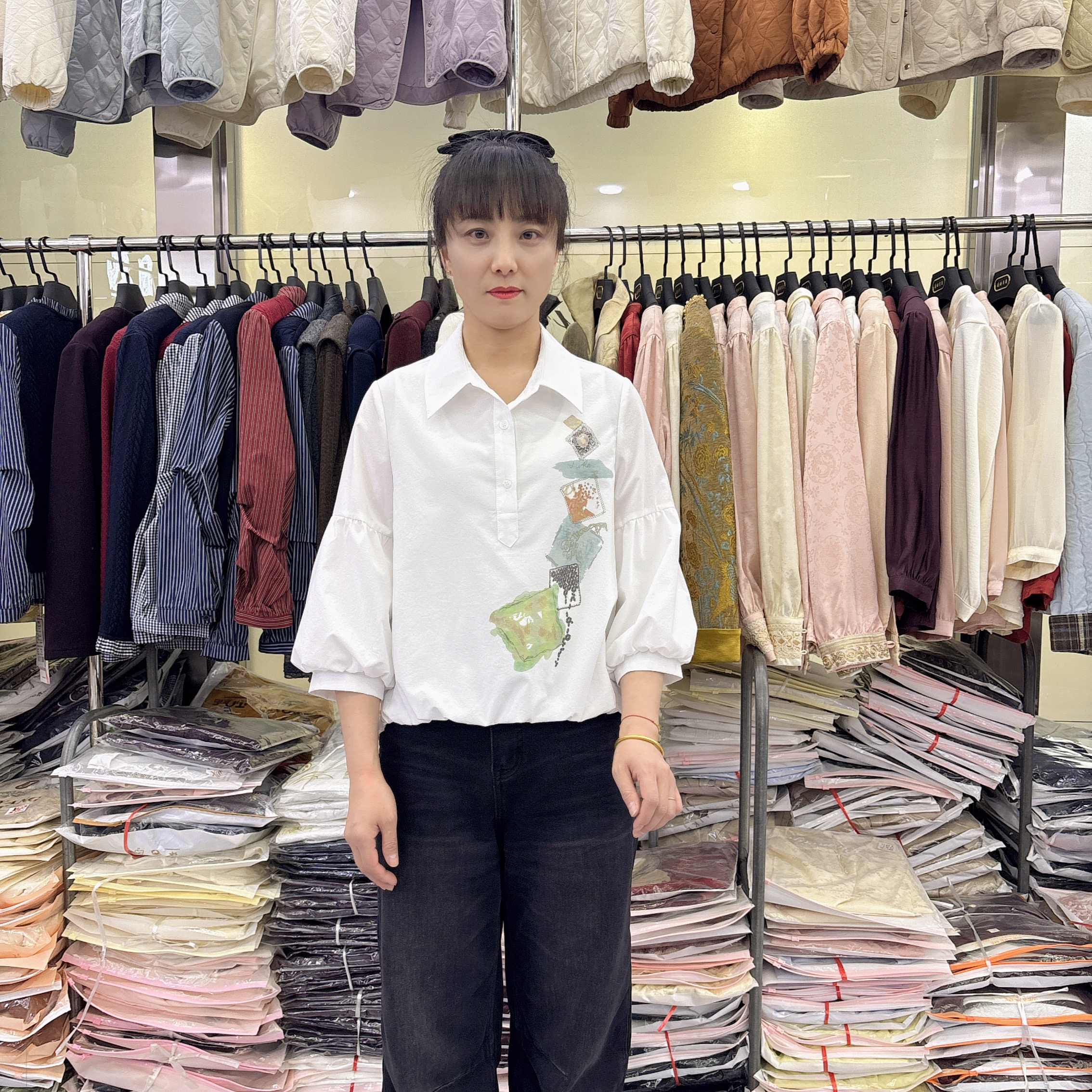 2026春秋新款七分袖翻领时尚短款衬衣上衣休闲女国风休闲印花衬衫