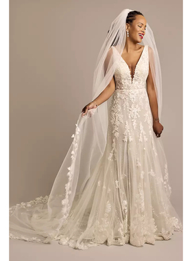 2025 02美国专柜正品代购Galina新娘结婚大拖尾头纱头巾绣花薄纱