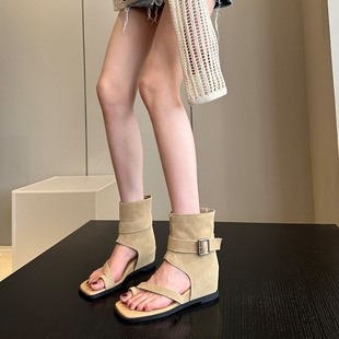 ins牛皮坡跟內(nèi)增高鏤空西部牛仔短靴羅馬涼靴女涼鞋 香港歐美同款