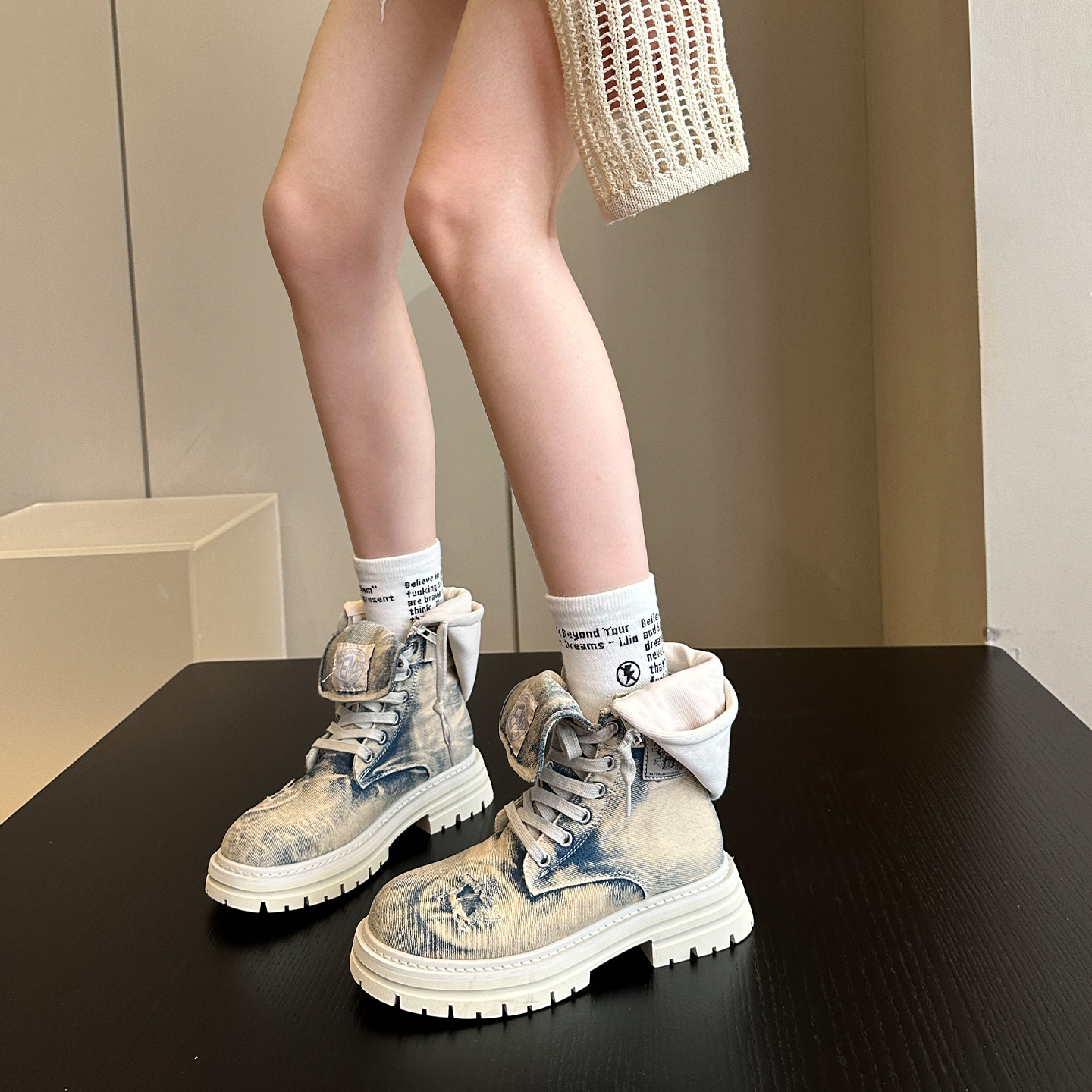 韩版牛仔布厚底水洗女短靴马丁靴