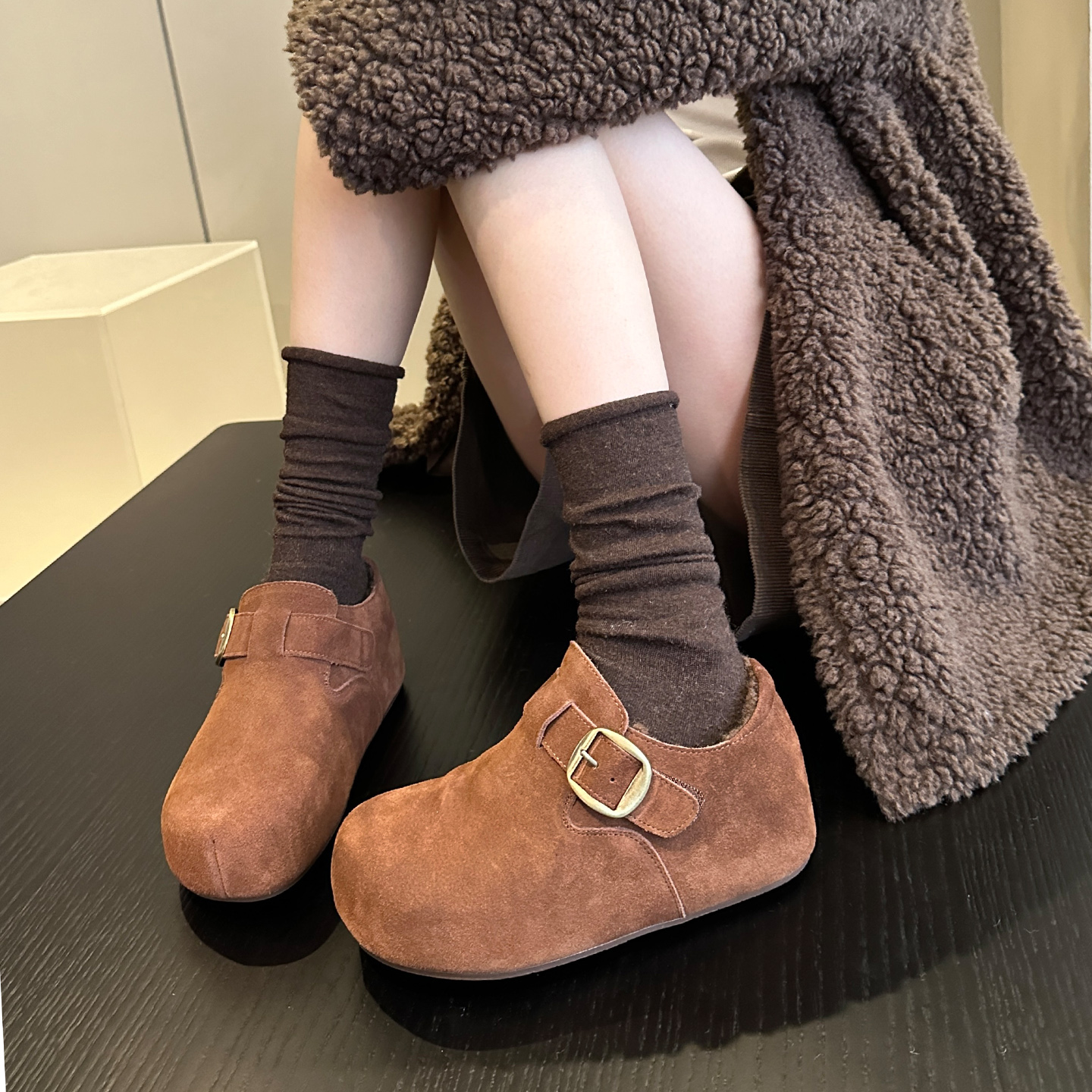 复古反绒皮魔术贴勃肯鞋女