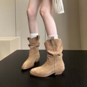 秋冬闭眼冲 品质牛皮真皮粗跟褶皱堆堆靴女短靴子尖头西部牛仔靴