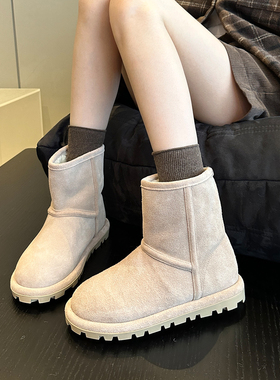 董小丫同款~高货头层牛皮羊羔毛加绒翻边两穿雪地靴女棉靴棉鞋
