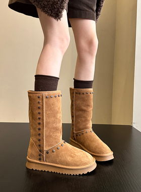 冬天YYDS好货~牛皮羊毛保暖日系铆钉中筒雪地靴女棉靴东北大棉鞋
