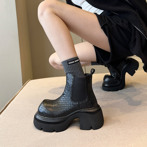 小众设计感编织面厚底切尔西靴