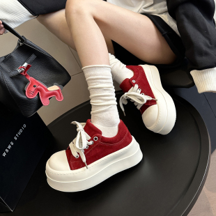 休闲鞋 WSWS｜超好看2026配阔腿裤 板鞋 女鞋 真皮红色大头甜酷厚底鞋