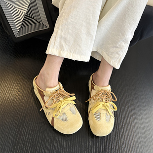 女包头半拖鞋 拖鞋 外穿 真皮网纱透气甜酷丑萌芭蕾德训鞋 懒人夏季