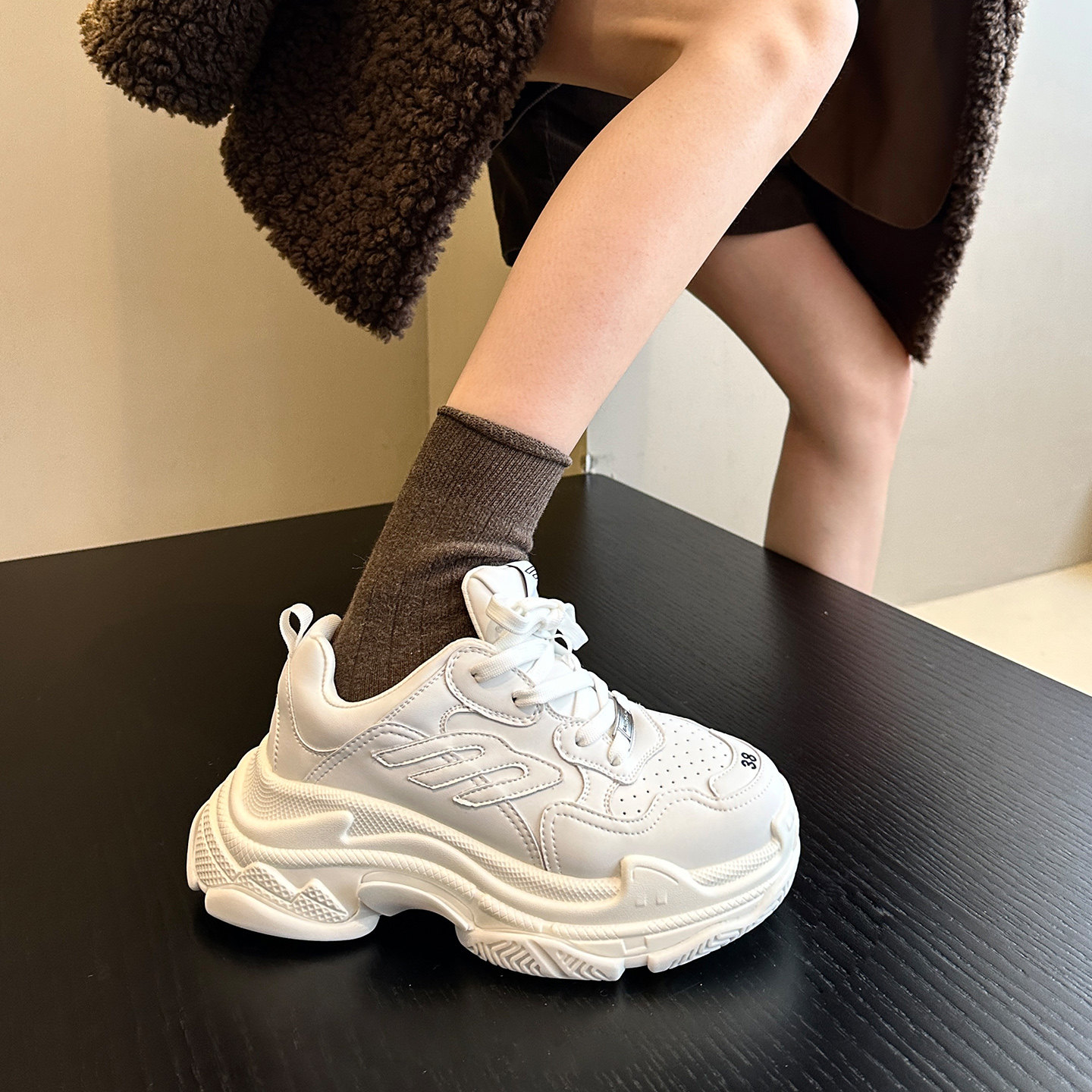 炸街好物~2025真皮配阔腿裤轻便增高厚底老爹鞋女鞋小个子运动鞋,女鞋,老爹鞋,淘宝优惠券,粉丝福利购,淘宝优惠卷