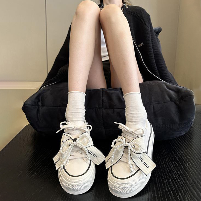 品质新款~东大门韩版两穿蝴蝶结厚底帆布鞋女小白鞋显瘦公主板鞋
