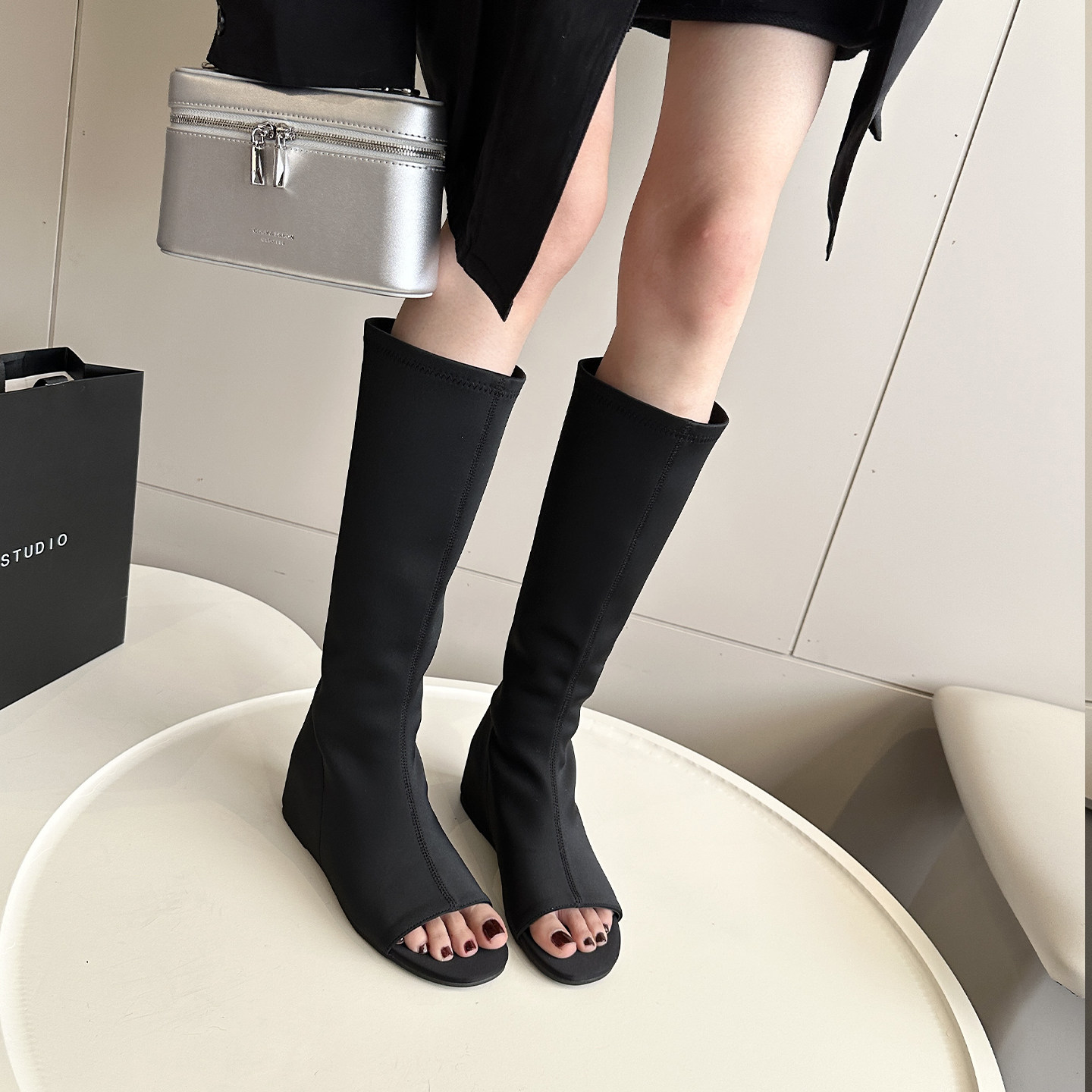 WSWS｜春夏潮酷辣妹莱卡弹力内增高露趾高筒靴长筒凉靴女时装长靴