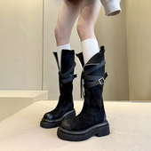 街拍出类拔萃 欧美风小众厚底绒面前拉链高筒长靴女皮带扣骑士靴