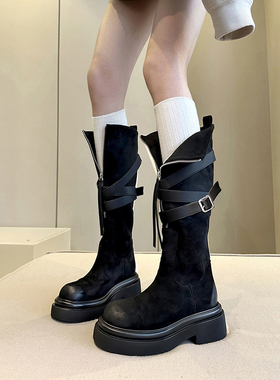 街拍出类拔萃+欧美风小众厚底绒面前拉链高筒长靴女皮带扣骑士靴